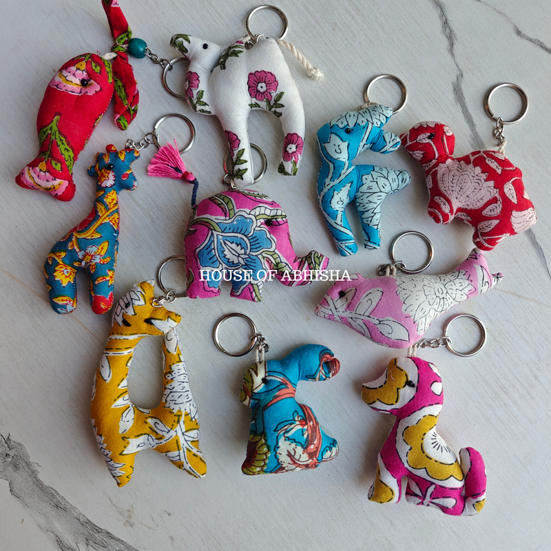 Hand Block Print Cotton Filled Toy Keychains – Set of 10 (Assorted)