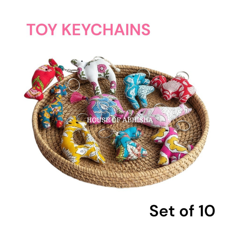 Hand Block Print Cotton Filled Toy Keychains – Set of 10 (Assorted)
