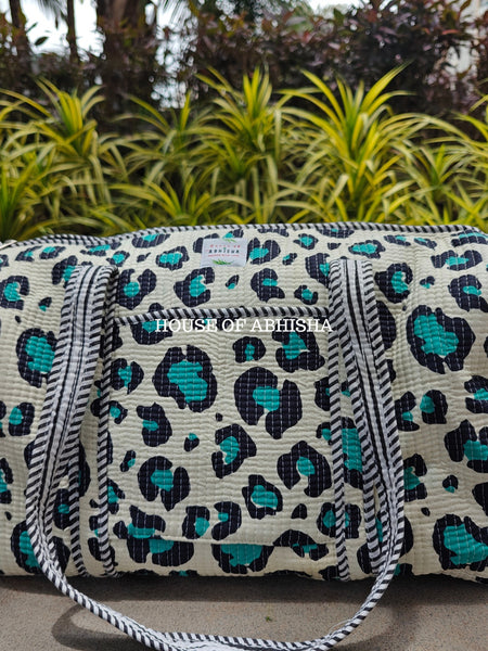 Block Printed Quilted Leopard Duffle Bag