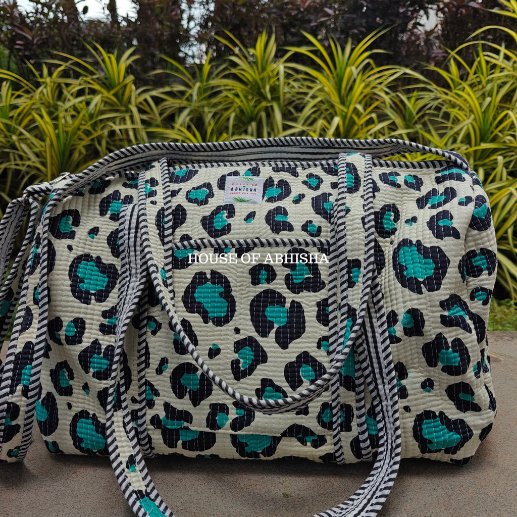 Block Printed Quilted Leopard Duffle Bag