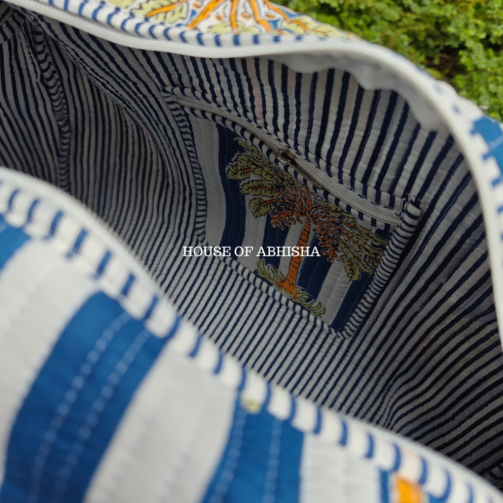 Block Printed Quilted Royal Palm Duffle Bag