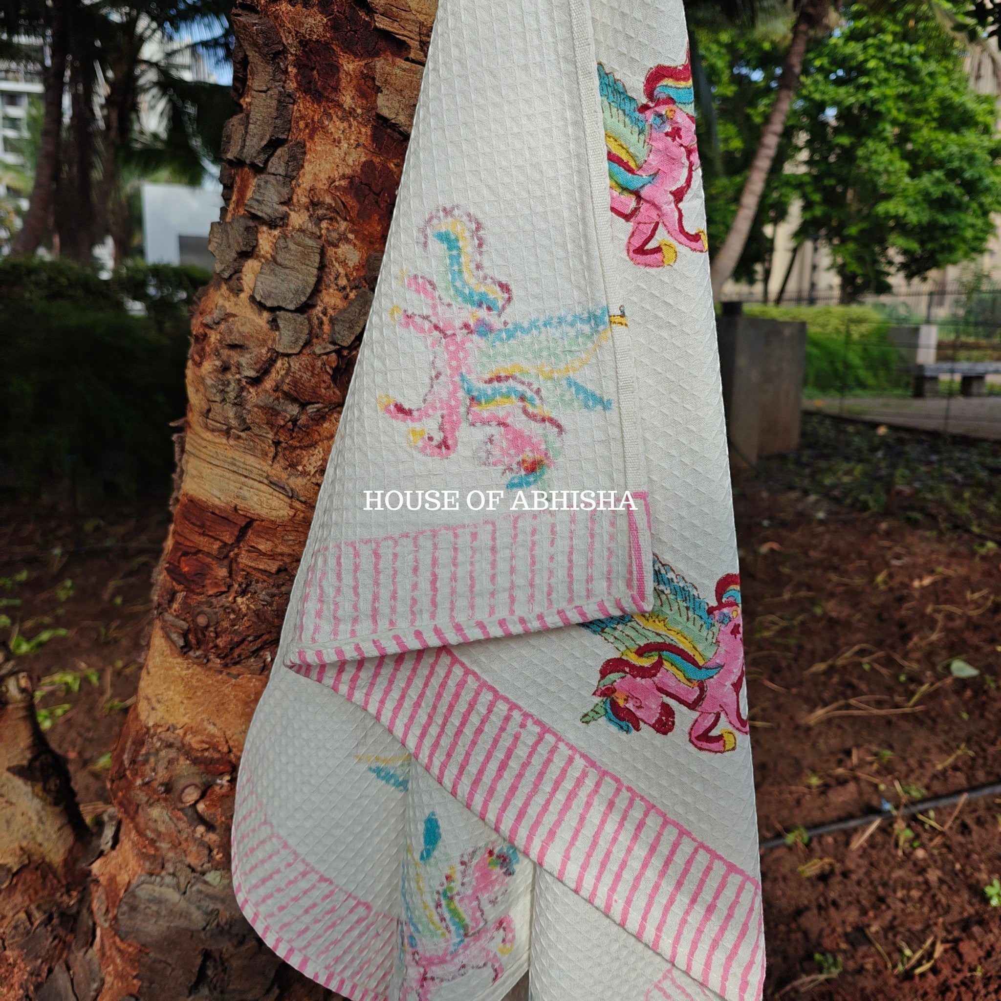 Flying Unicorn Handblock Waffle Cotton Towel