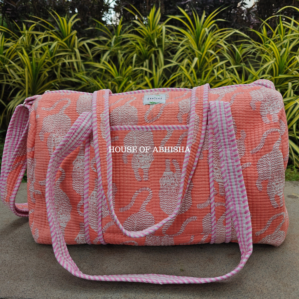 Block Printed Quilted Peach Tiger Duffle Bag