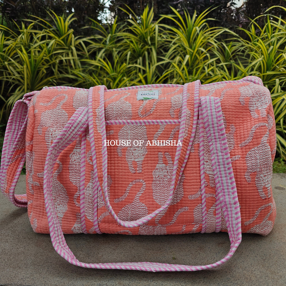 Block Printed Quilted Peach Tiger Duffle Bag