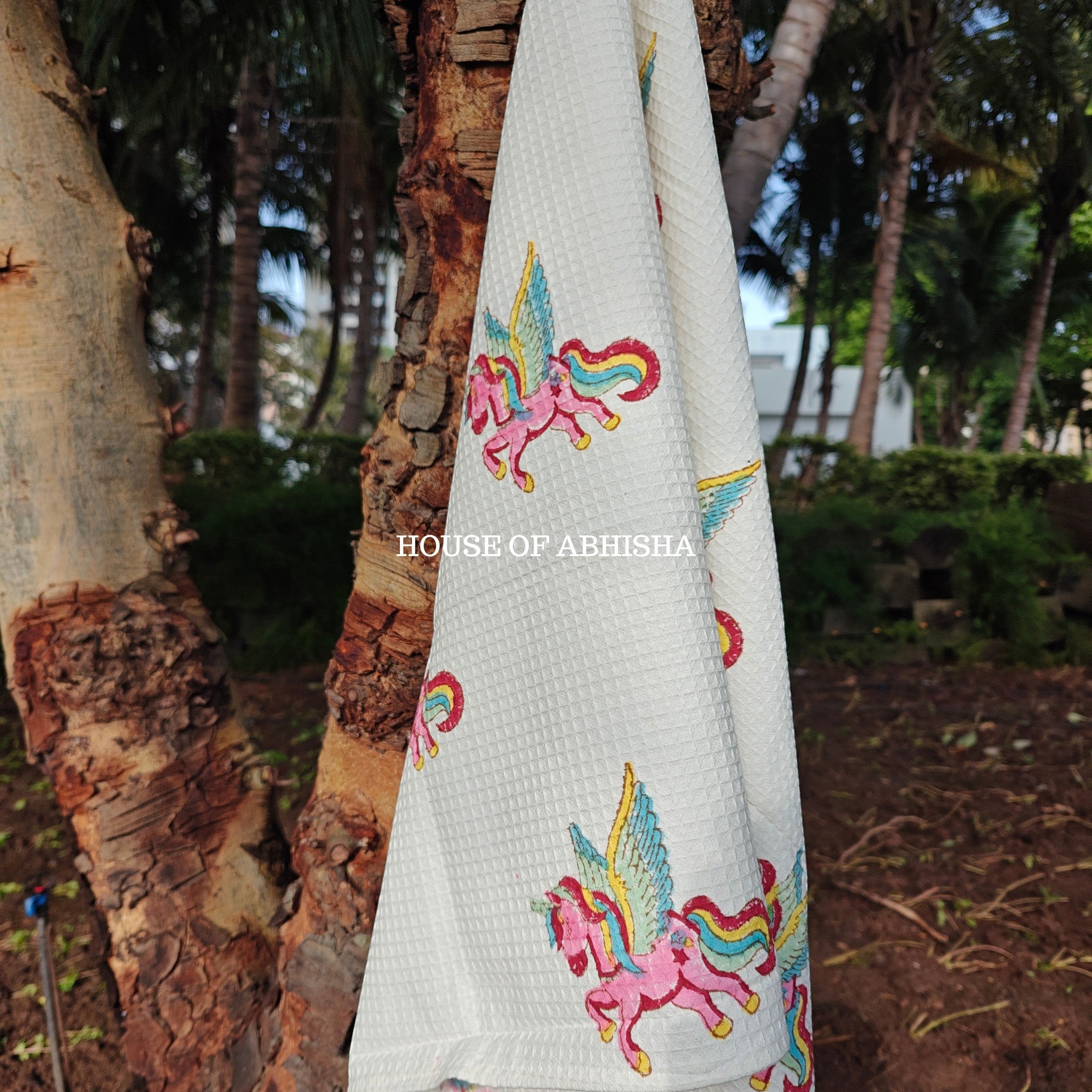 Flying Unicorn Handblock Waffle Cotton Towel