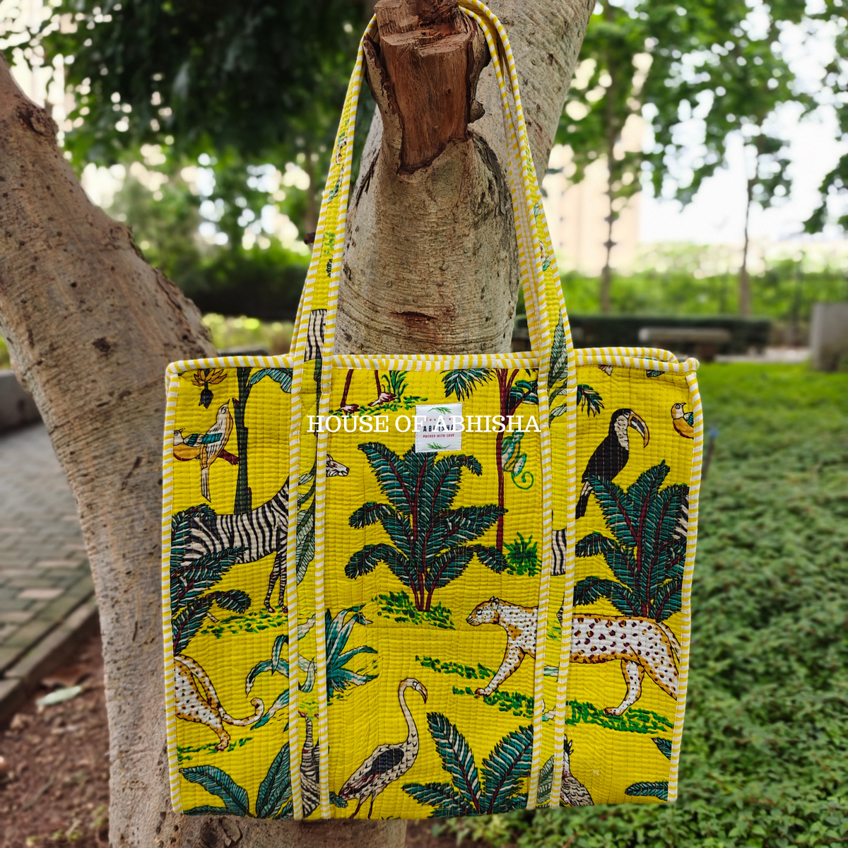 Jungle Mela Quilted Cotton Tote Bag + Pouch (Set of 3) Combo