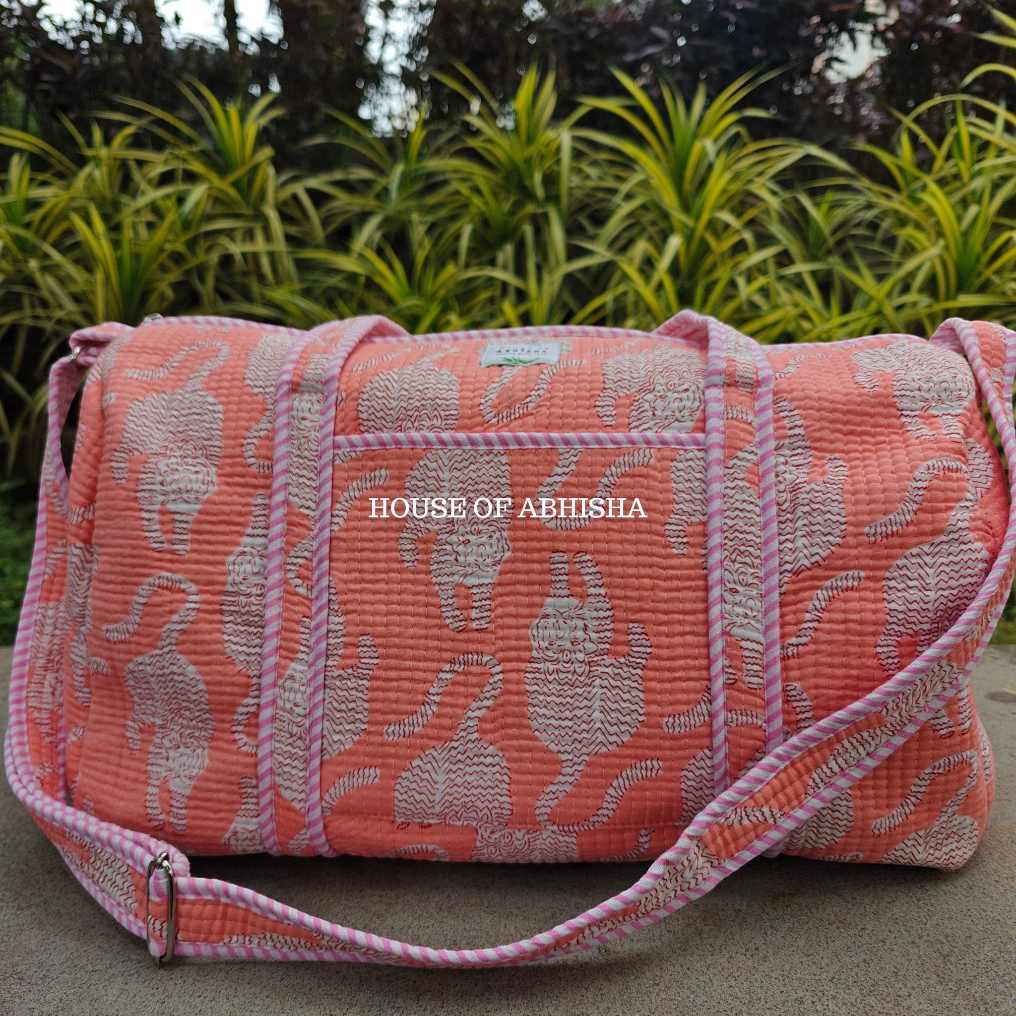 Block Printed Quilted Peach Tiger Duffle Bag