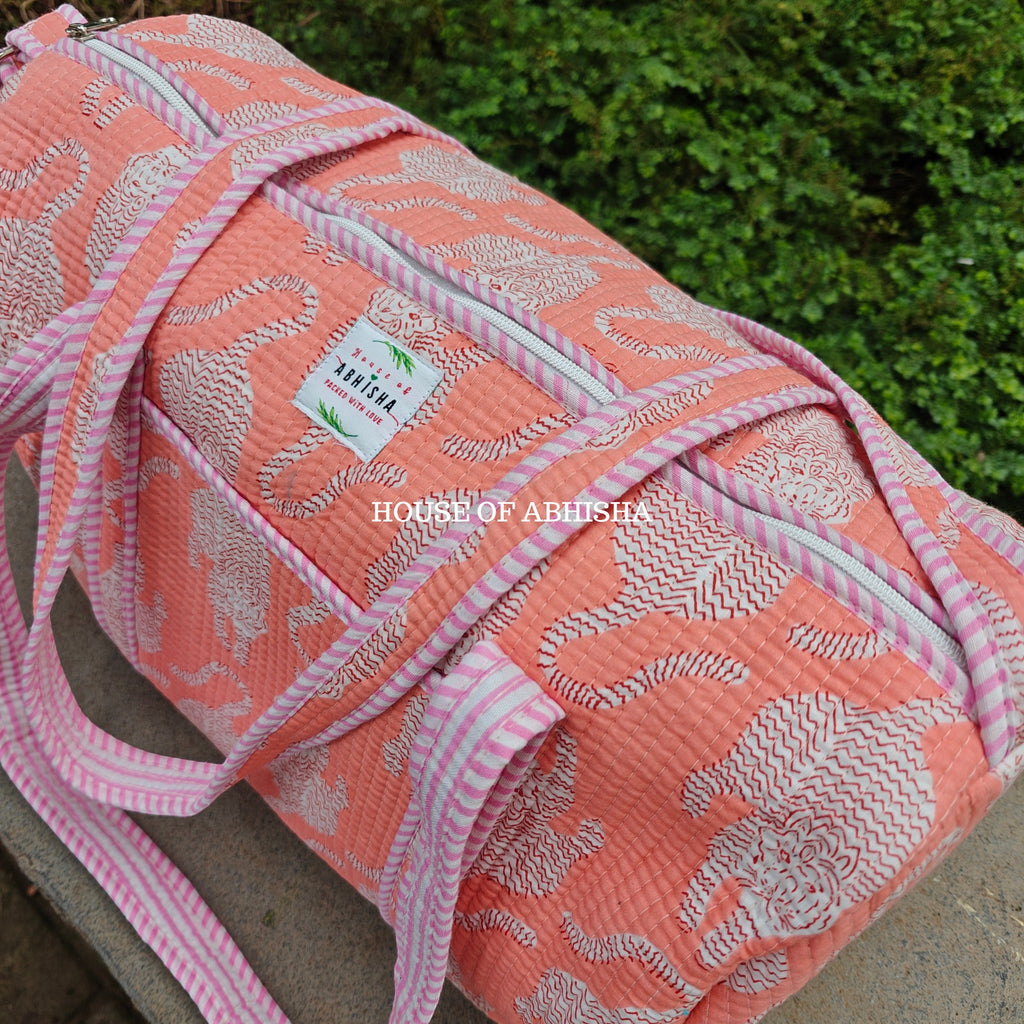 Block Printed Quilted Peach Tiger Duffle Bag