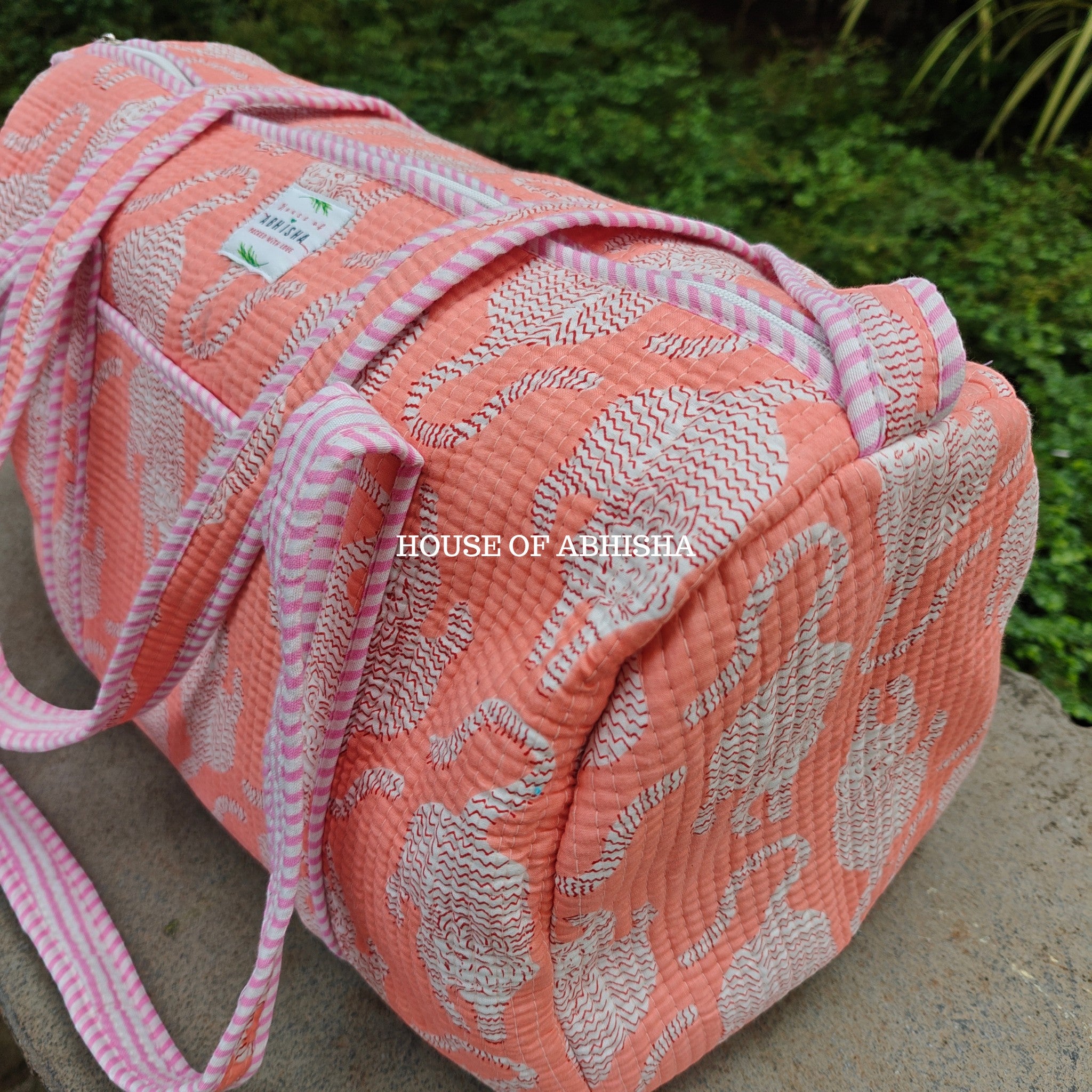 Block Printed Quilted Peach Tiger Duffle Bag