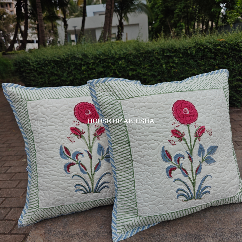 Red Poppy Quilted Cushion Covers — Set of 2