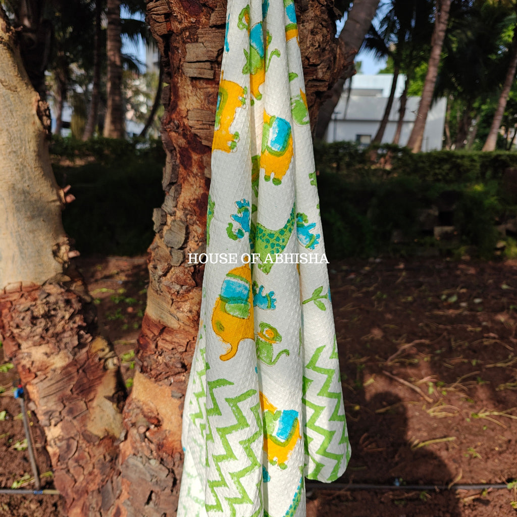 Elephant Handblock Waffle Cotton Towel