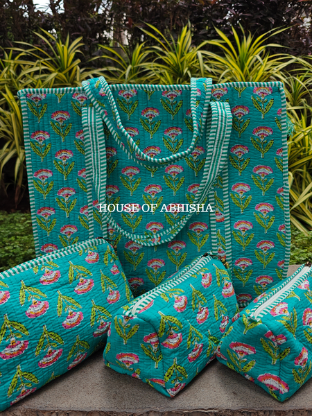 Gulmira Quilted Cotton Tote Bag + Pouch (Set of 3) Combo