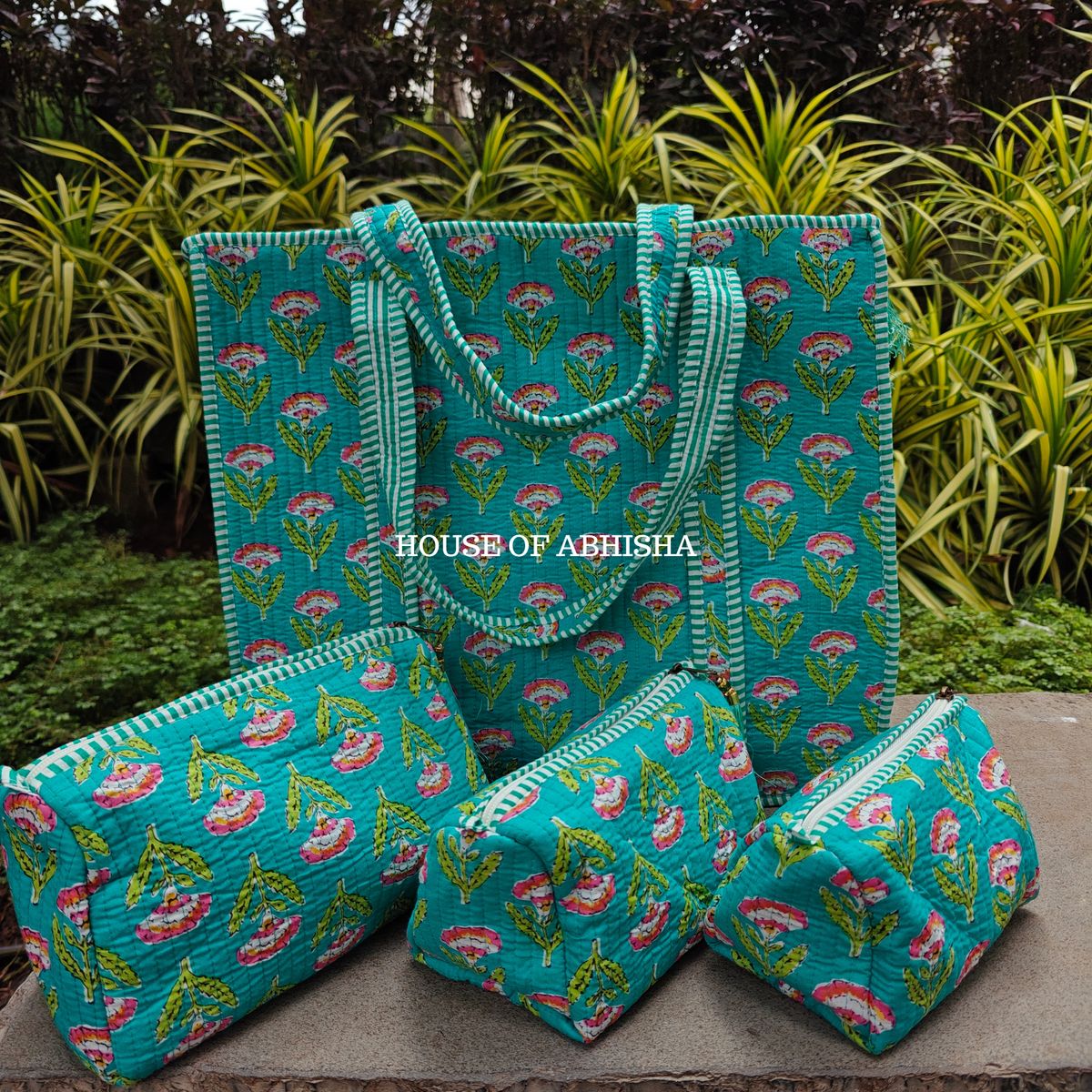 Gulmira Quilted Cotton Tote Bag + Pouch (Set of 3) Combo