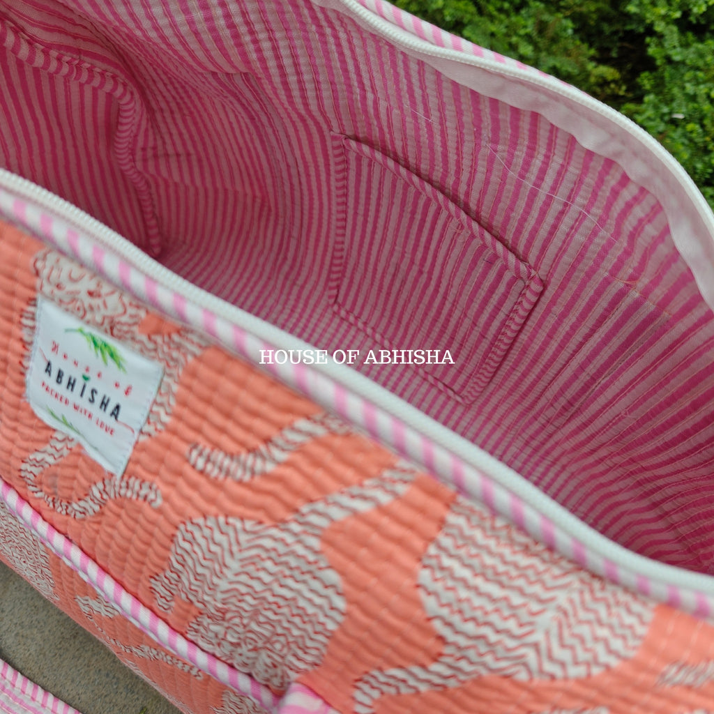 Block Printed Quilted Peach Tiger Duffle Bag