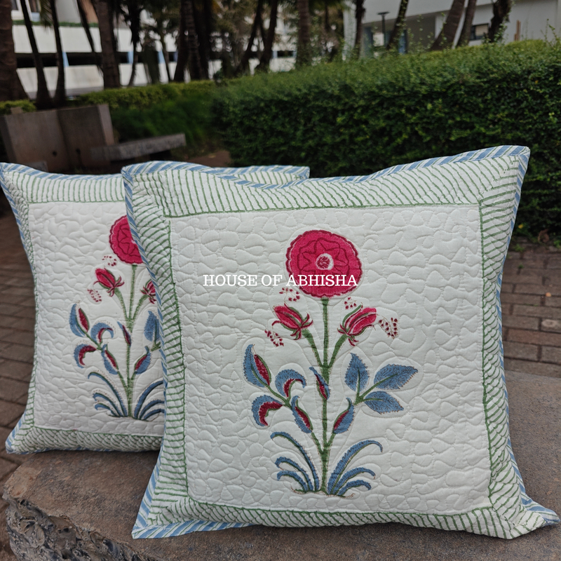 Red Poppy Quilted Cushion Covers — Set of 2