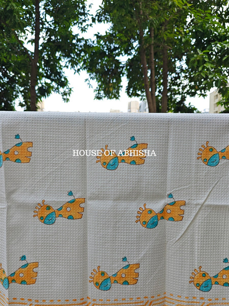 Yellow Giraffe Handblock Waffle Cotton Towel