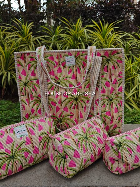 Palm & Petal Quilted Cotton Tote Bag + Pouch (Set of 3) Combo