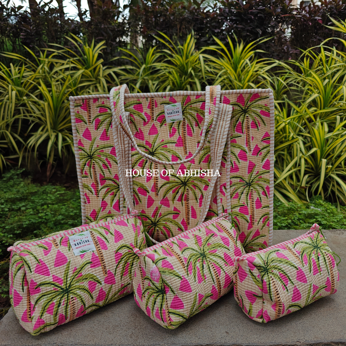 Palm & Petal Quilted Cotton Tote Bag + Pouch (Set of 3) Combo