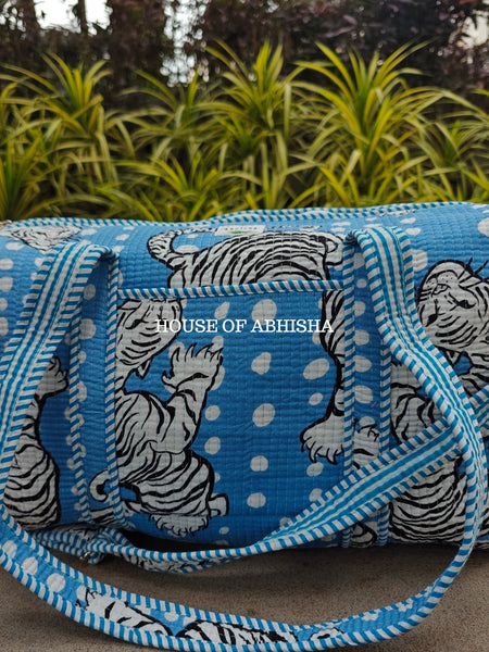 Block Printed Quilted Blue Tiger Duffle Bag