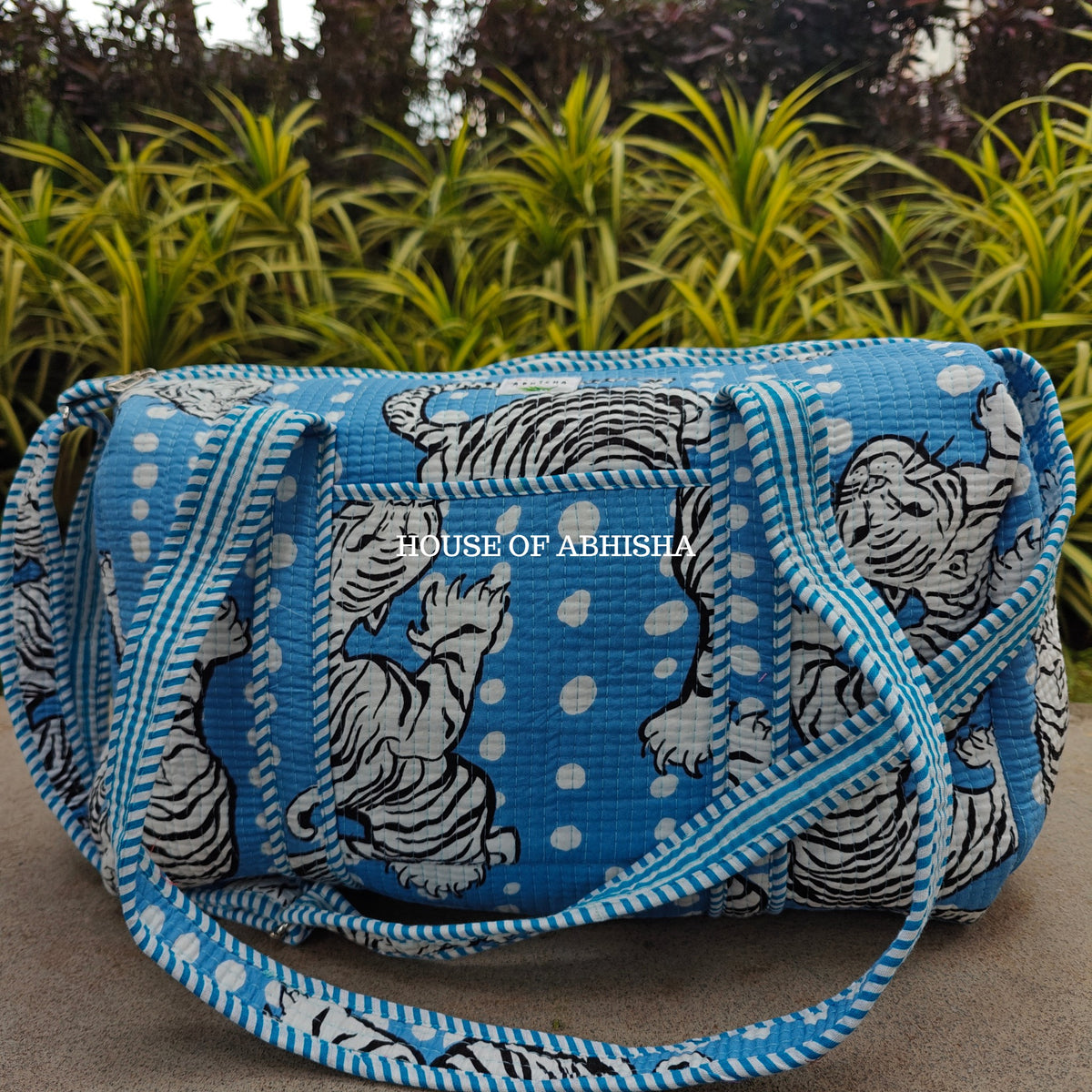 Block Printed Quilted Blue Tiger Duffle Bag