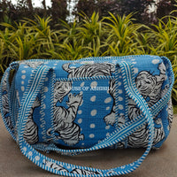 Block Printed Quilted Blue Tiger Duffle Bag