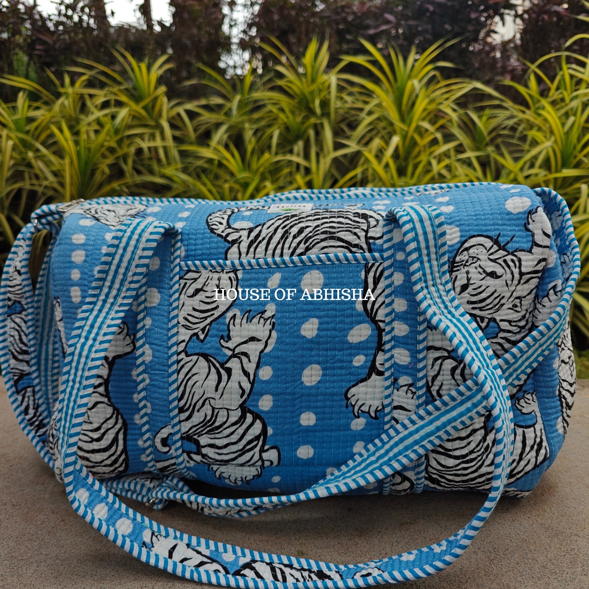Block Printed Quilted Blue Tiger Duffle Bag