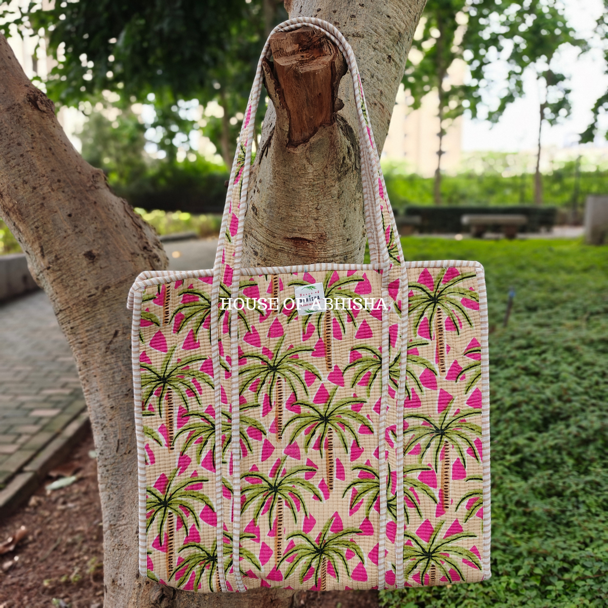 Palm & Petal Quilted Cotton Tote Bag + Pouch (Set of 3) Combo