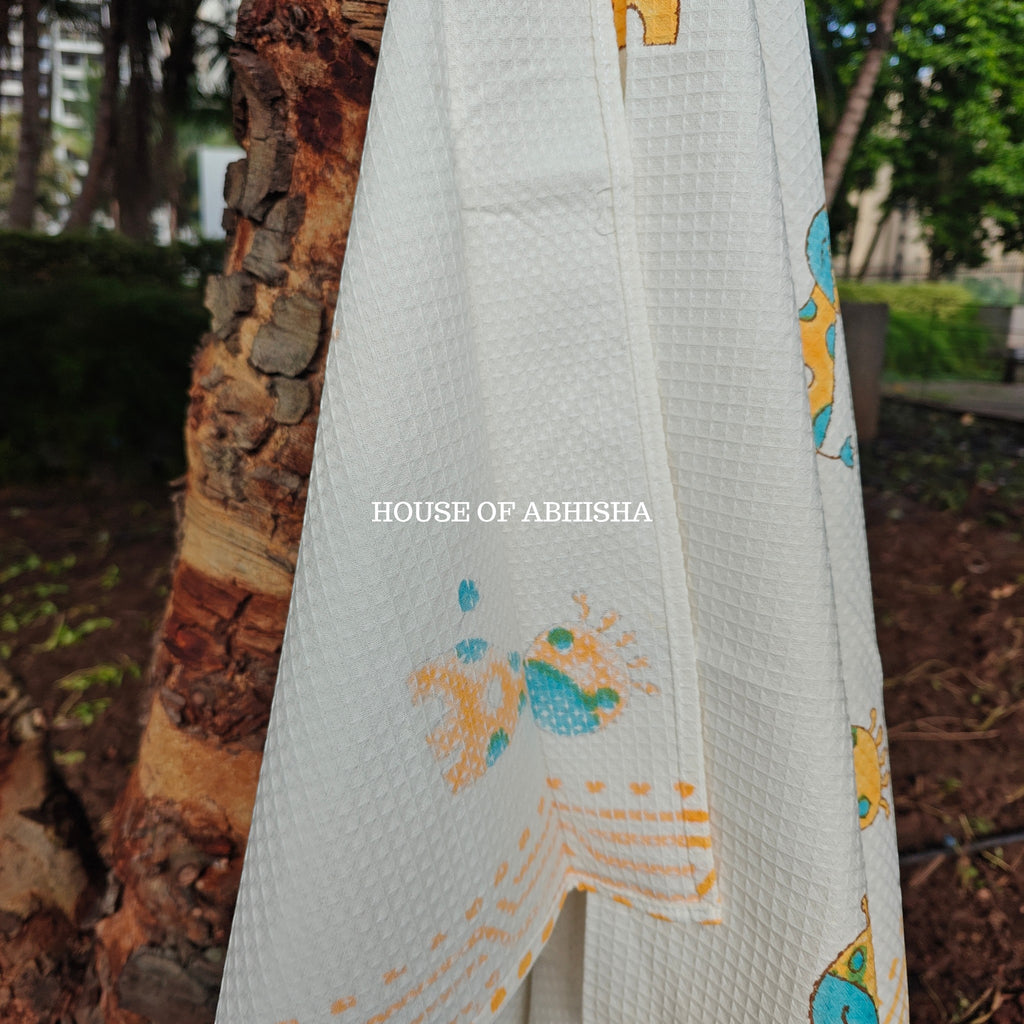 Yellow Giraffe Handblock Waffle Cotton Towel