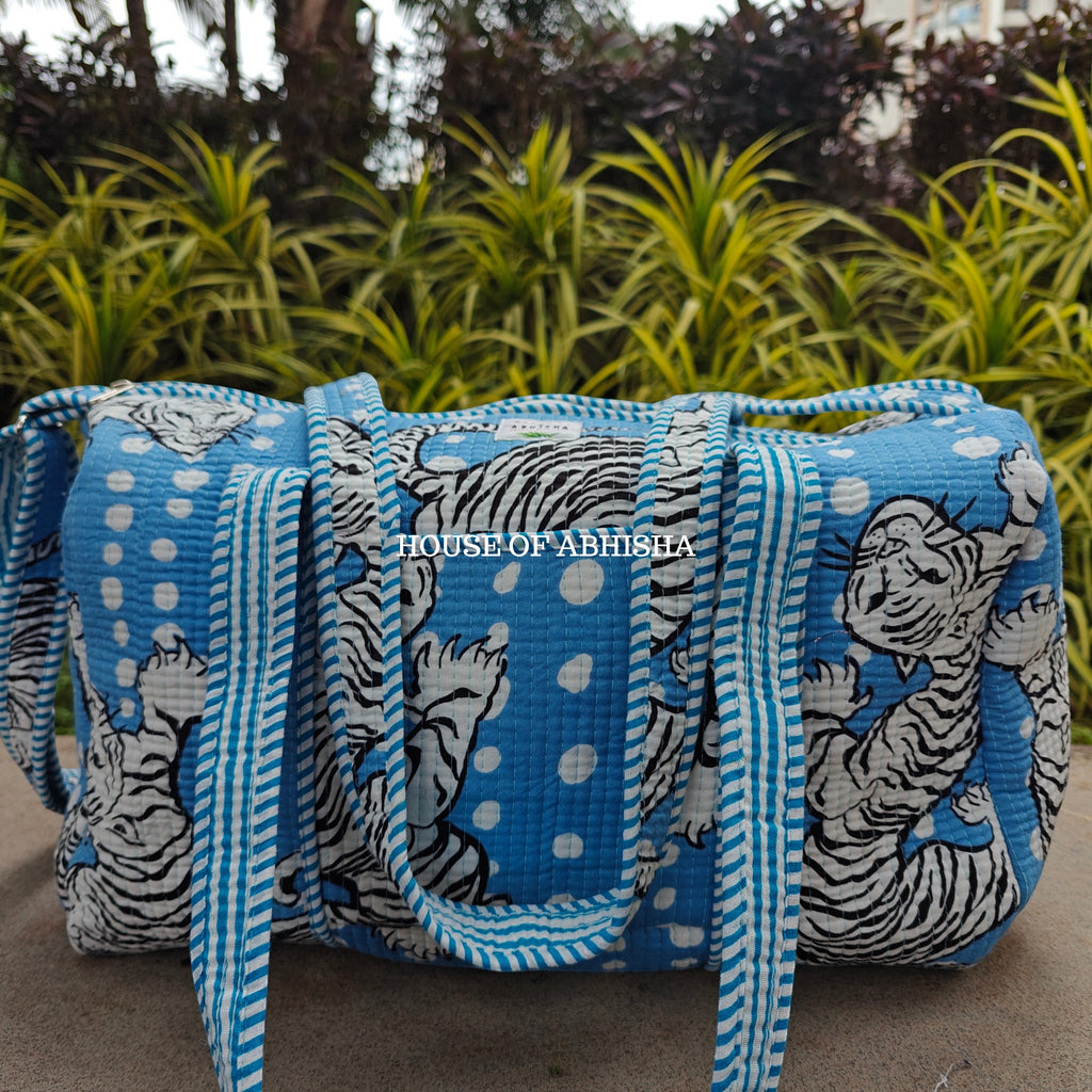 Block Printed Quilted Blue Tiger Duffle Bag