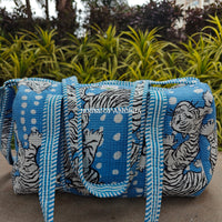 Block Printed Quilted Blue Tiger Duffle Bag