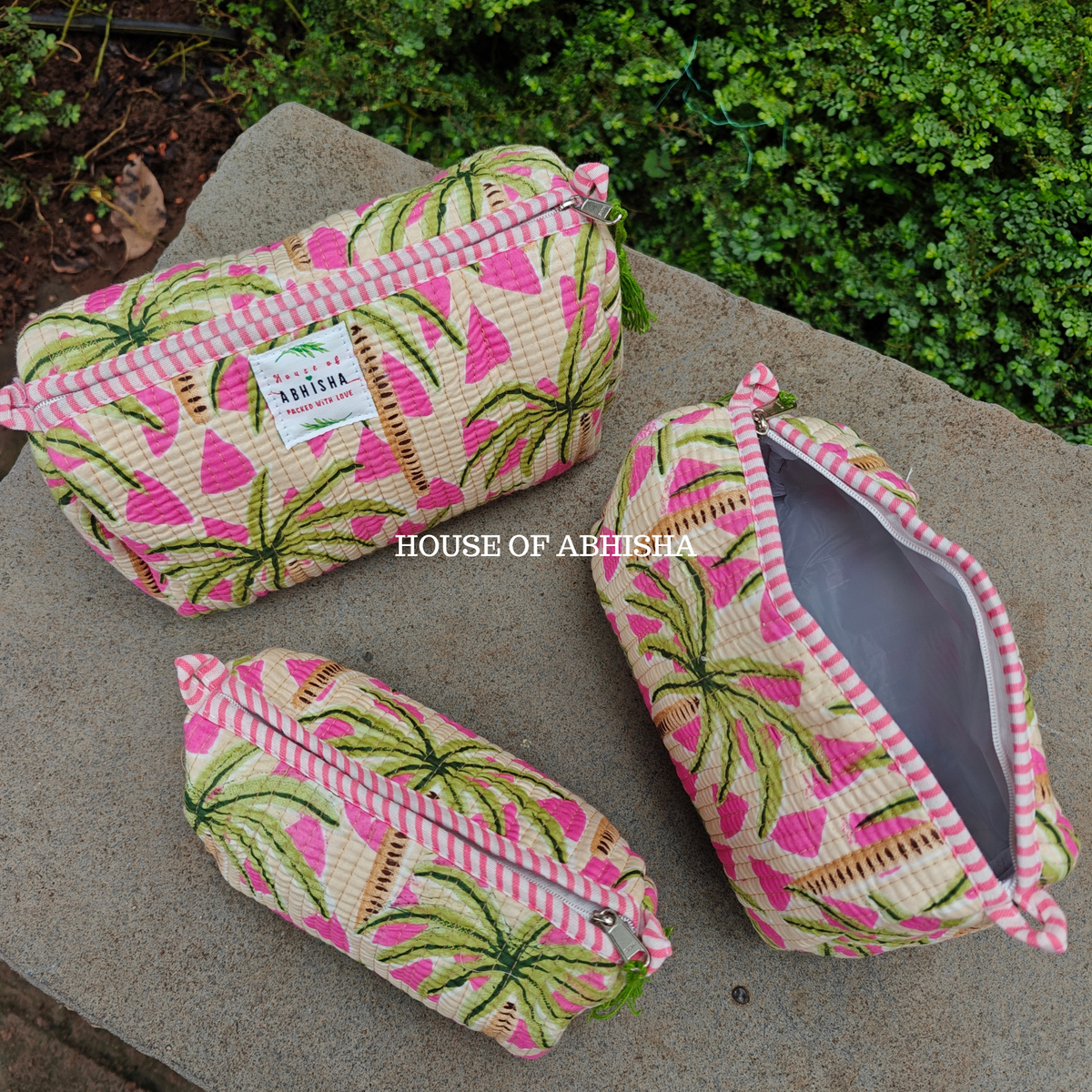 Palm & Petal Quilted Cotton Tote Bag + Pouch (Set of 3) Combo