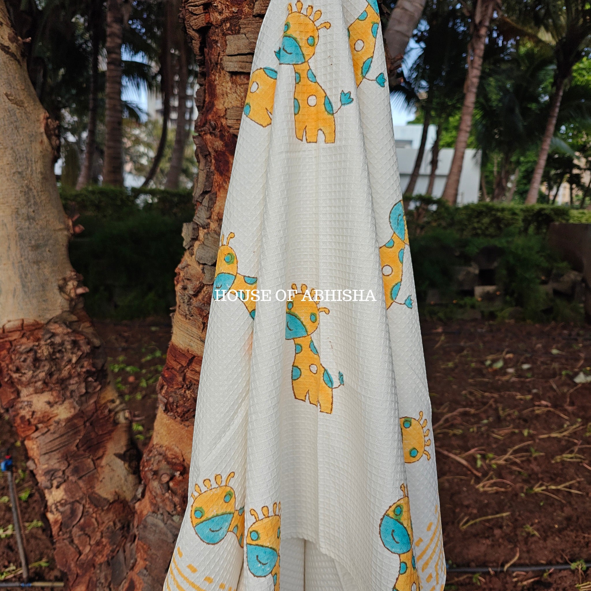 Yellow Giraffe Handblock Waffle Cotton Towel