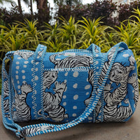 Block Printed Quilted Blue Tiger Duffle Bag