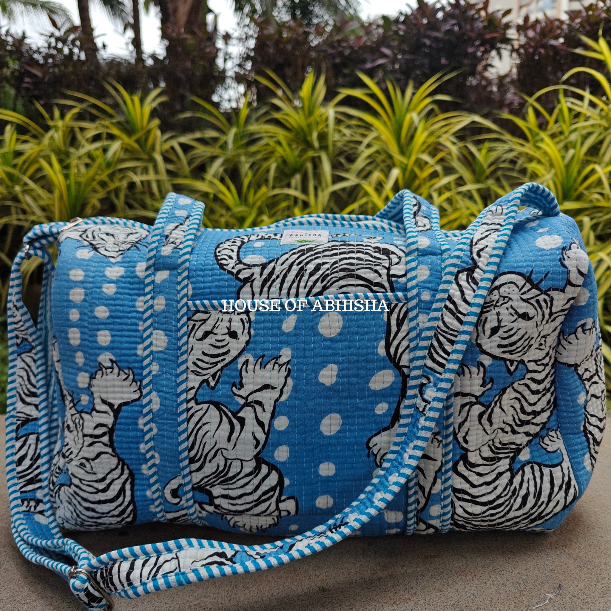 Block Printed Quilted Blue Tiger Duffle Bag