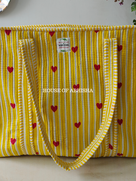 Yellow Heart Quilted Cotton Tote Bag