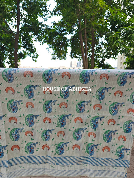 Blue Whale Handblock Waffle Cotton Towel
