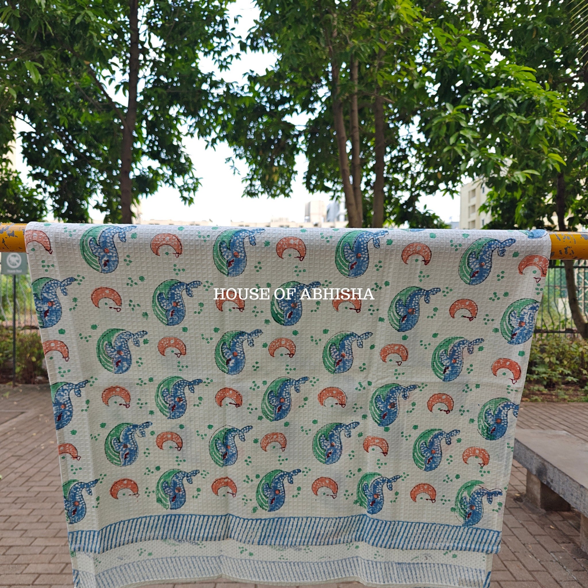 Blue Whale Handblock Waffle Cotton Towel