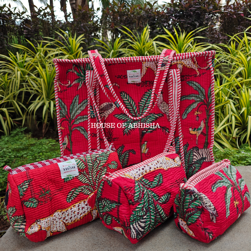 Shikari Quilted Cotton Tote Bag + Pouch (Set of 3) Combo