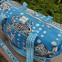 Block Printed Quilted Blue Tiger Duffle Bag