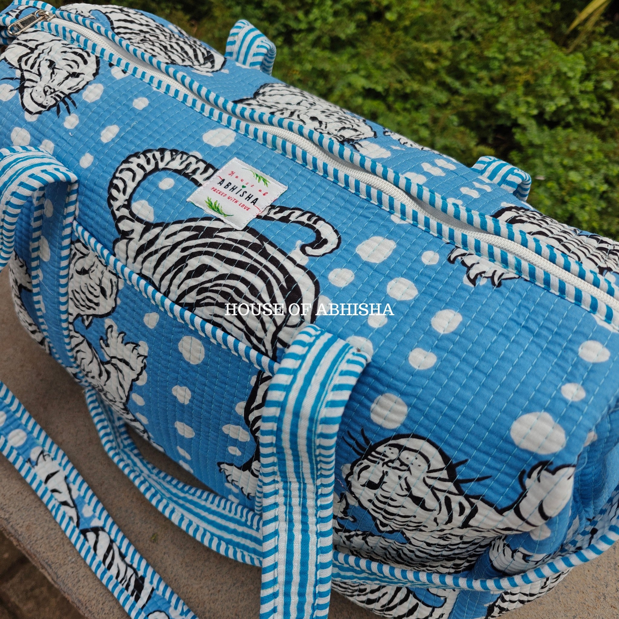 Block Printed Quilted Blue Tiger Duffle Bag