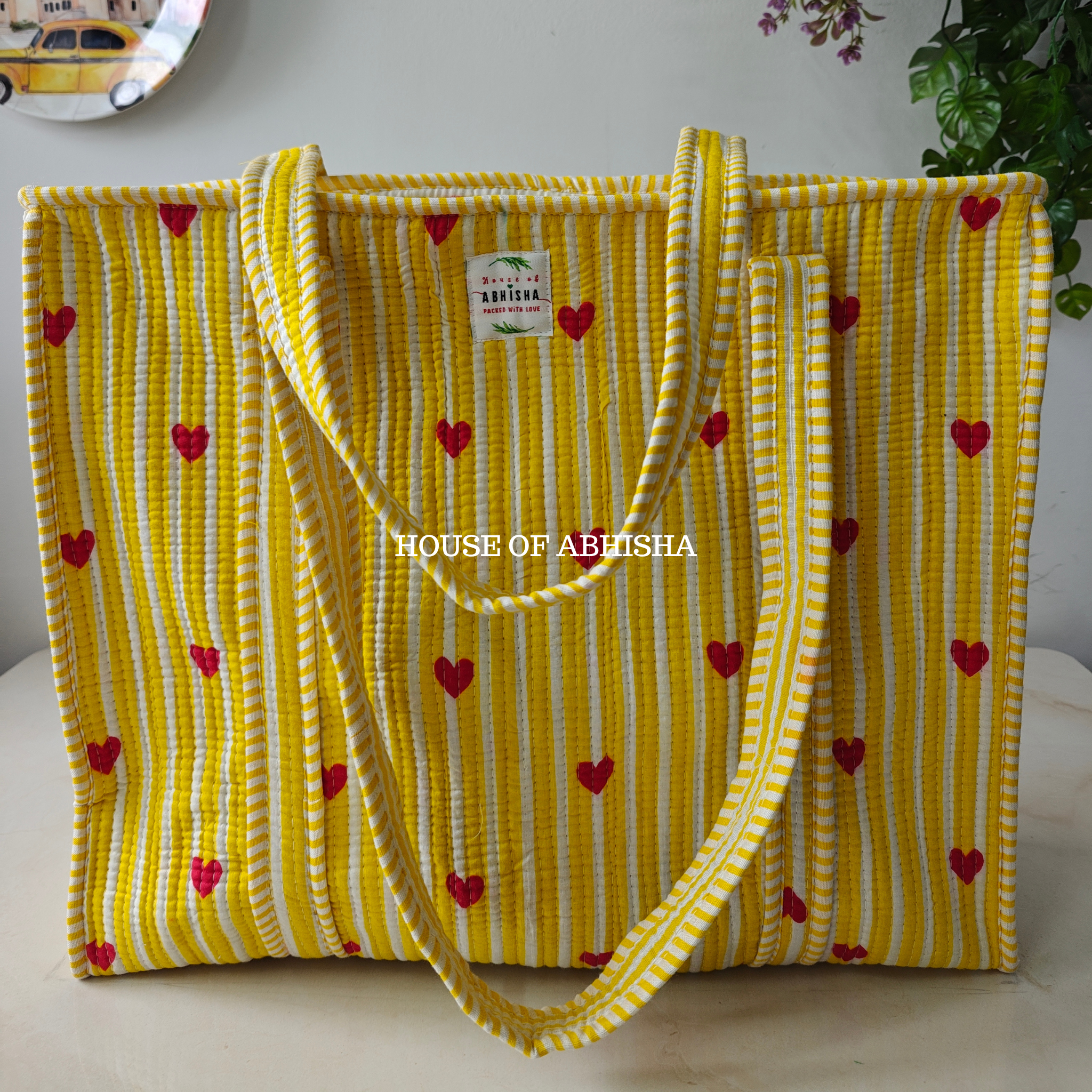 Yellow Heart Quilted Cotton Tote Bag