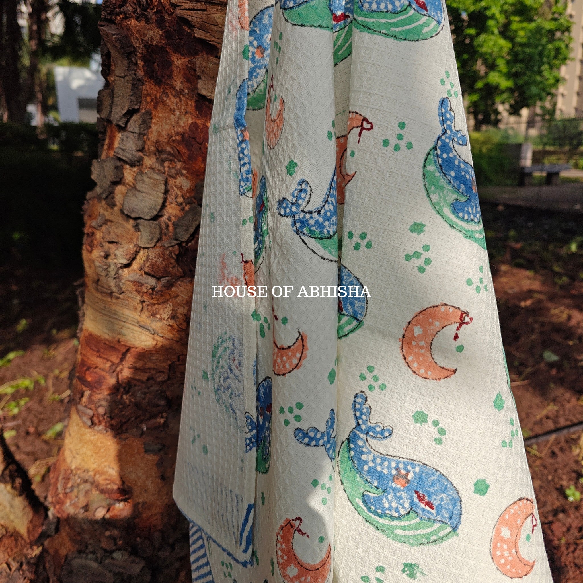 Blue Whale Handblock Waffle Cotton Towel