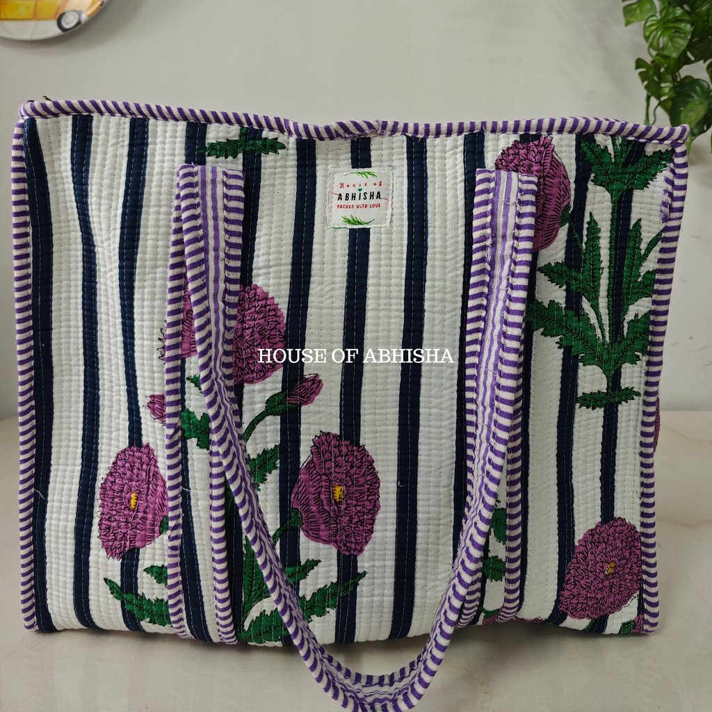 Purple Marigold Quilted Cotton Tote Bag