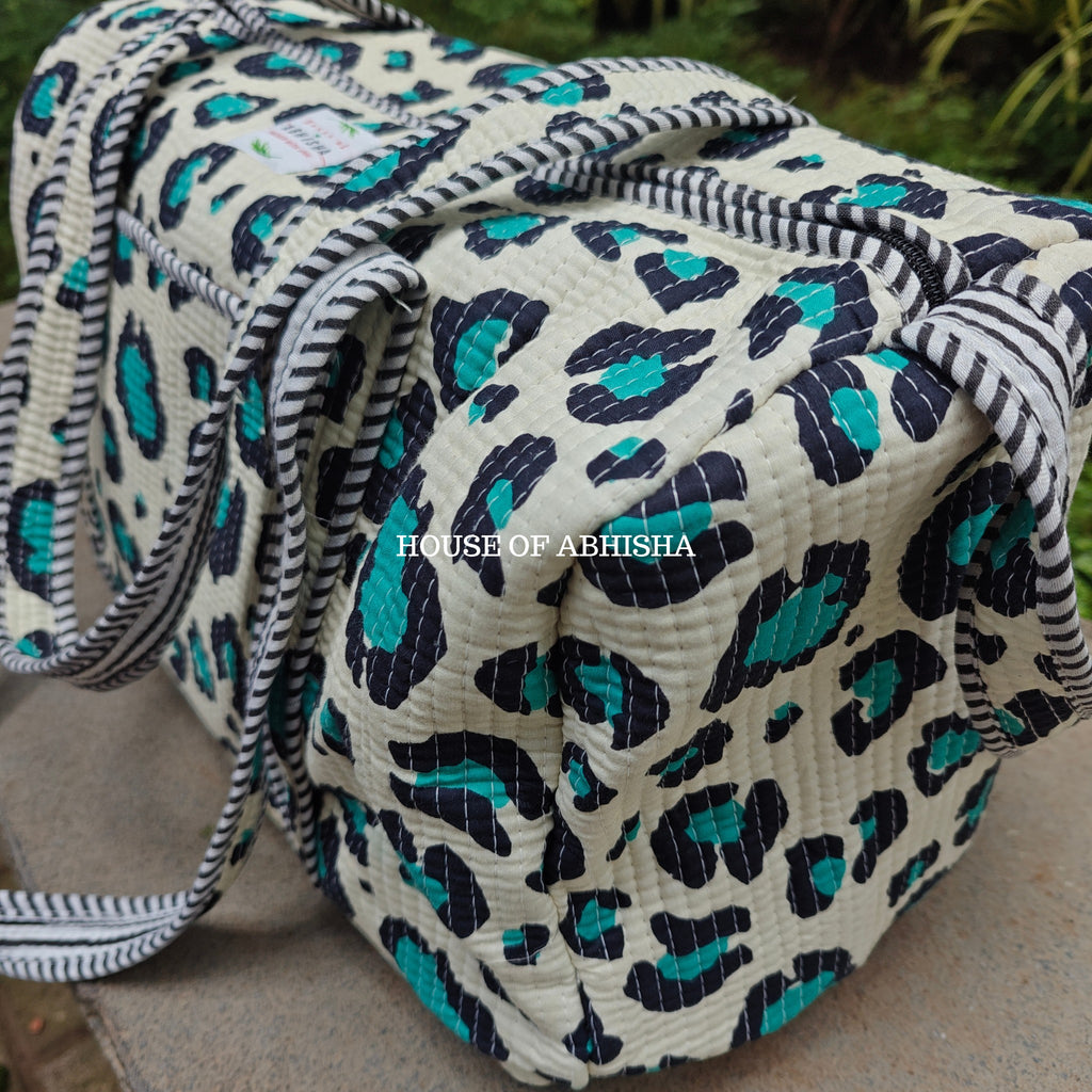Block Printed Quilted Leopard Duffle Bag