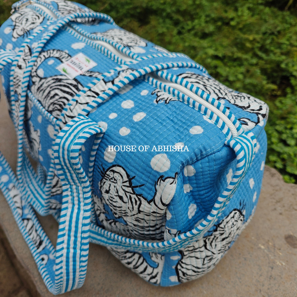 Block Printed Quilted Blue Tiger Duffle Bag