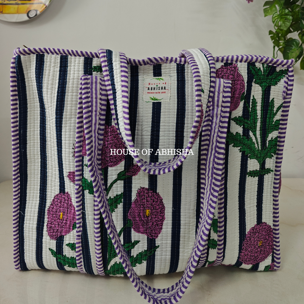 Purple Marigold Quilted Cotton Tote Bag