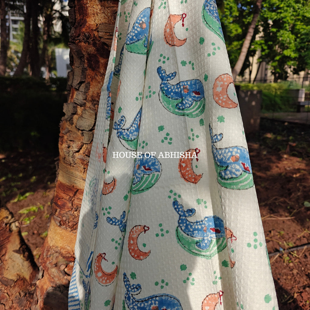 Blue Whale Handblock Waffle Cotton Towel