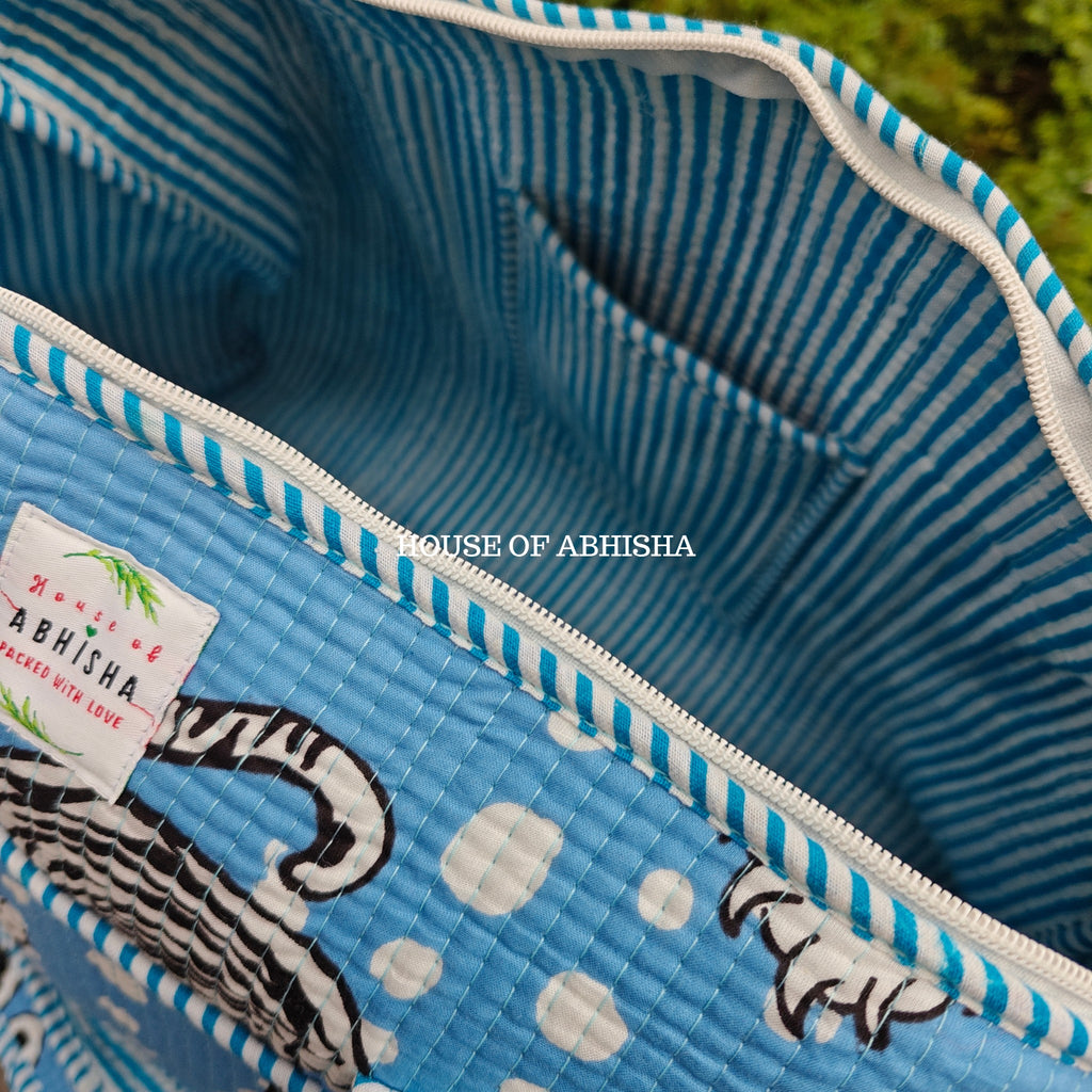 Block Printed Quilted Blue Tiger Duffle Bag