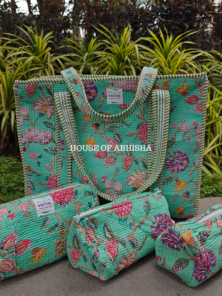 Paradise Garden Quilted Cotton Tote Bag + Pouch (Set of 3) Combo