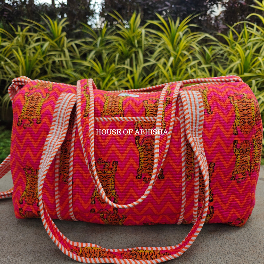 Block Printed Quilted Striped Tiger Duffle Bag